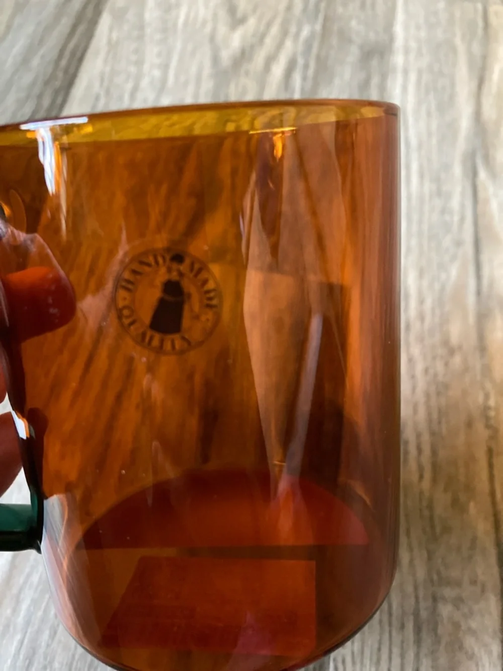 IKEA Amber Glass Mug with Green Handle